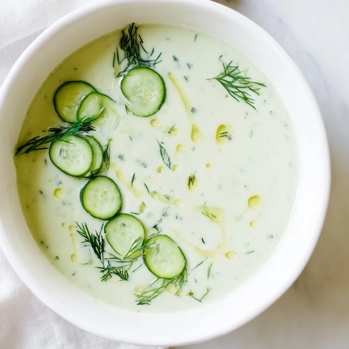 Close-up of a refreshing, cold Cucumber Garlic Soup; perfect for a light summer meal.