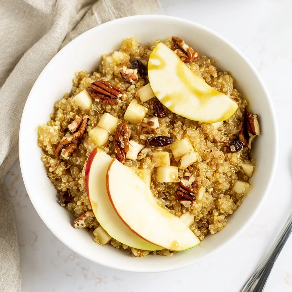 Fluffy Apple Cinnamon Quinoa Bowl, featuring fresh apple slices and a drizzle of maple syrup, is a perfect breakfast.