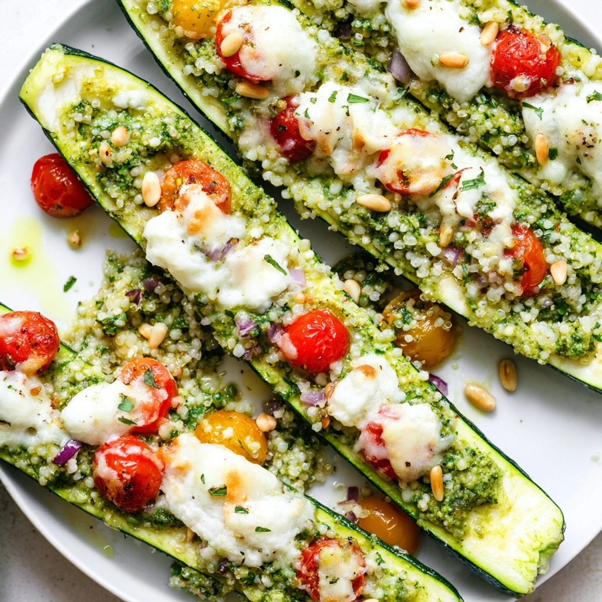 These flavorful Cheesy Pesto Zucchini Boats feature vibrant pesto filling baked to perfection, a delicious veggie-packed dinner.
