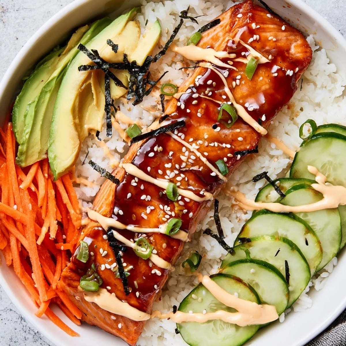 Flaky teriyaki salmon rice bowl, perfectly glazed, with vibrant vegetables and creamy sriracha mayo.