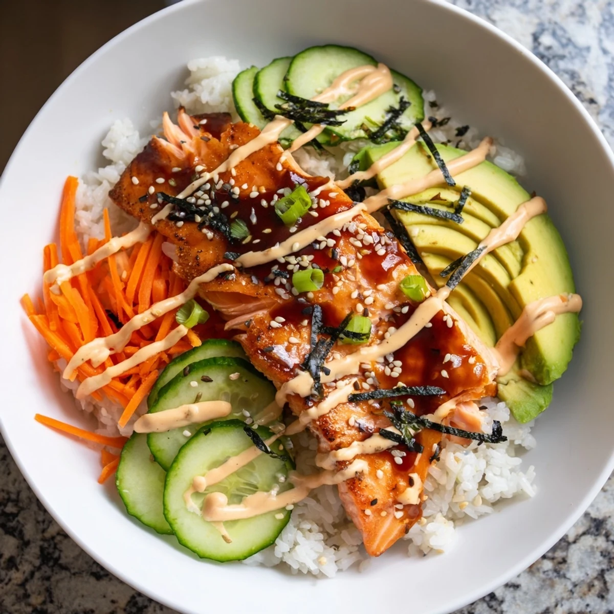 A delicious, visually appealing teriyaki salmon rice bowl, ready to enjoy with a satisfying crunch.