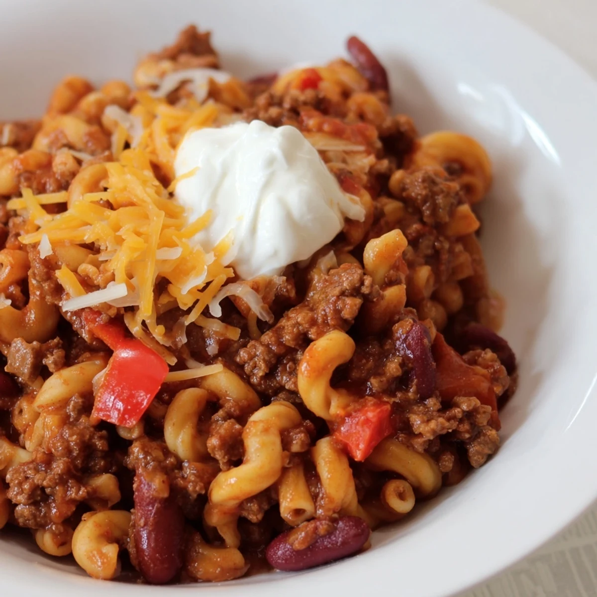 Steaming bowl of one-pot chili mac with melted cheese and ready to serve.