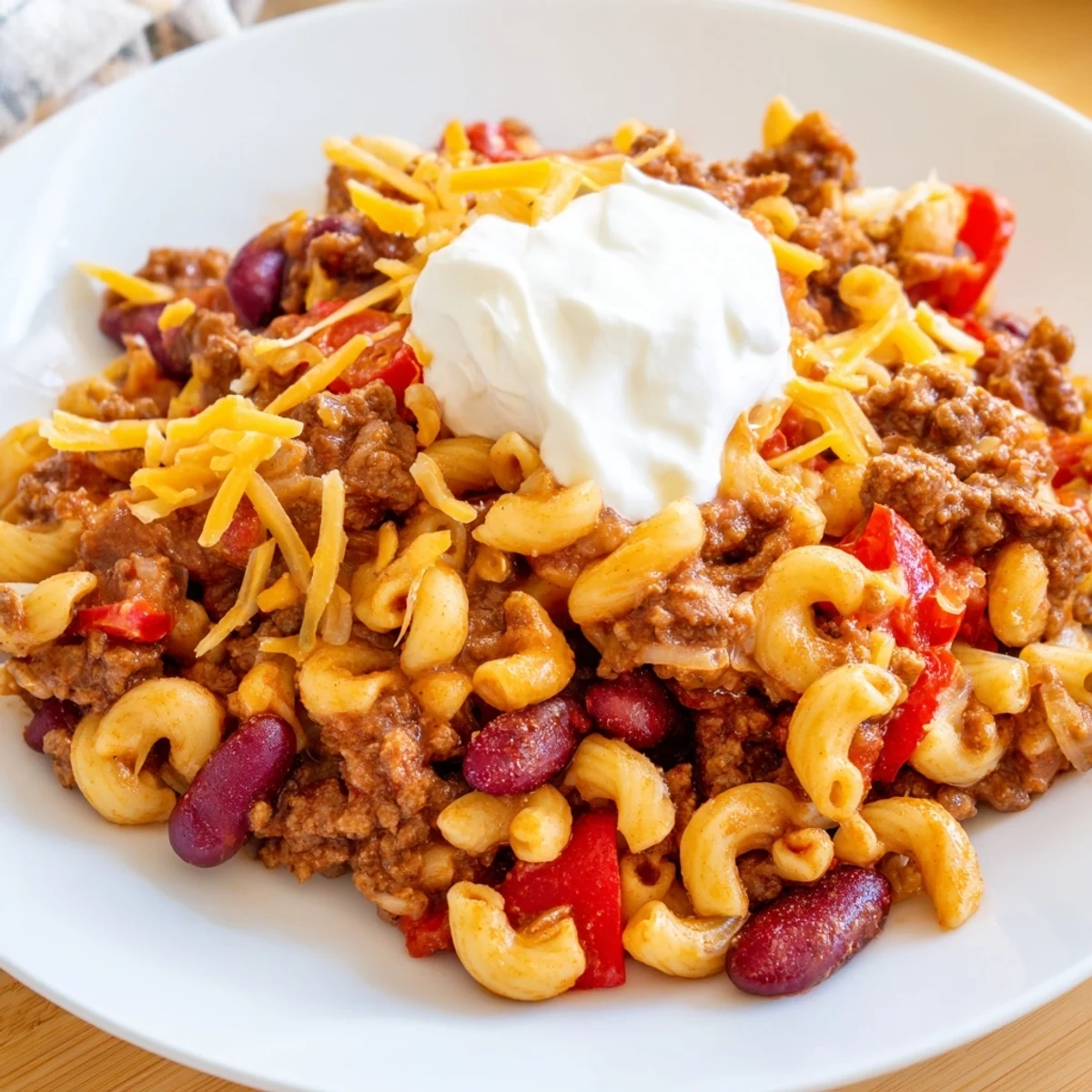Delicious one-pot chili mac photo, showcasing tender pasta and flavorful, hearty ingredients.