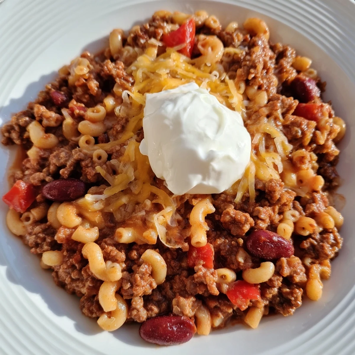 Hearty one-pot chili mac, a comforting American classic with a creamy cheese topping.
