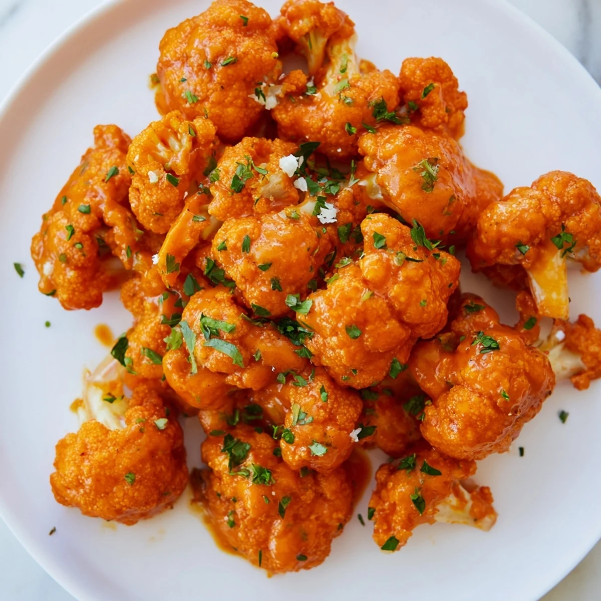 Golden-brown Buffalo Cauliflower Bites, crispy and coated in a vibrant, spicy sauce, ready to eat.