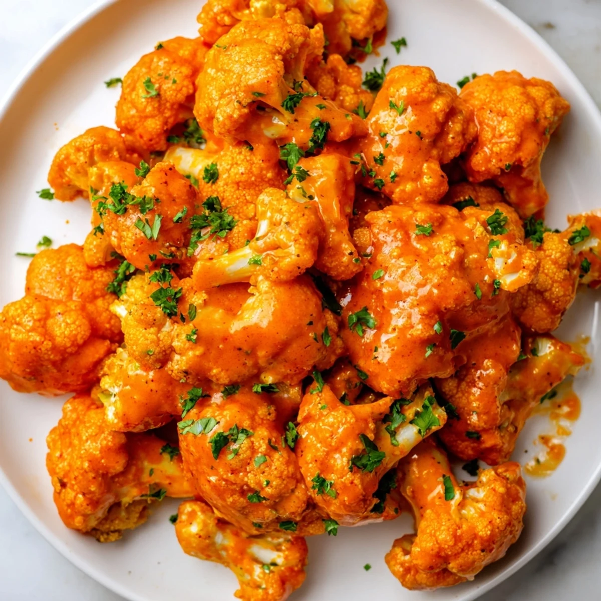 Fiery red Buffalo Cauliflower Bites, served with a creamy dip, offering a satisfying crunch and bold flavor.