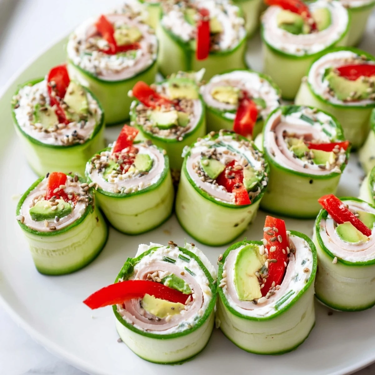 Fresh cucumber roll-ups, filled with cream cheese and deli meat, are cool and refreshing.