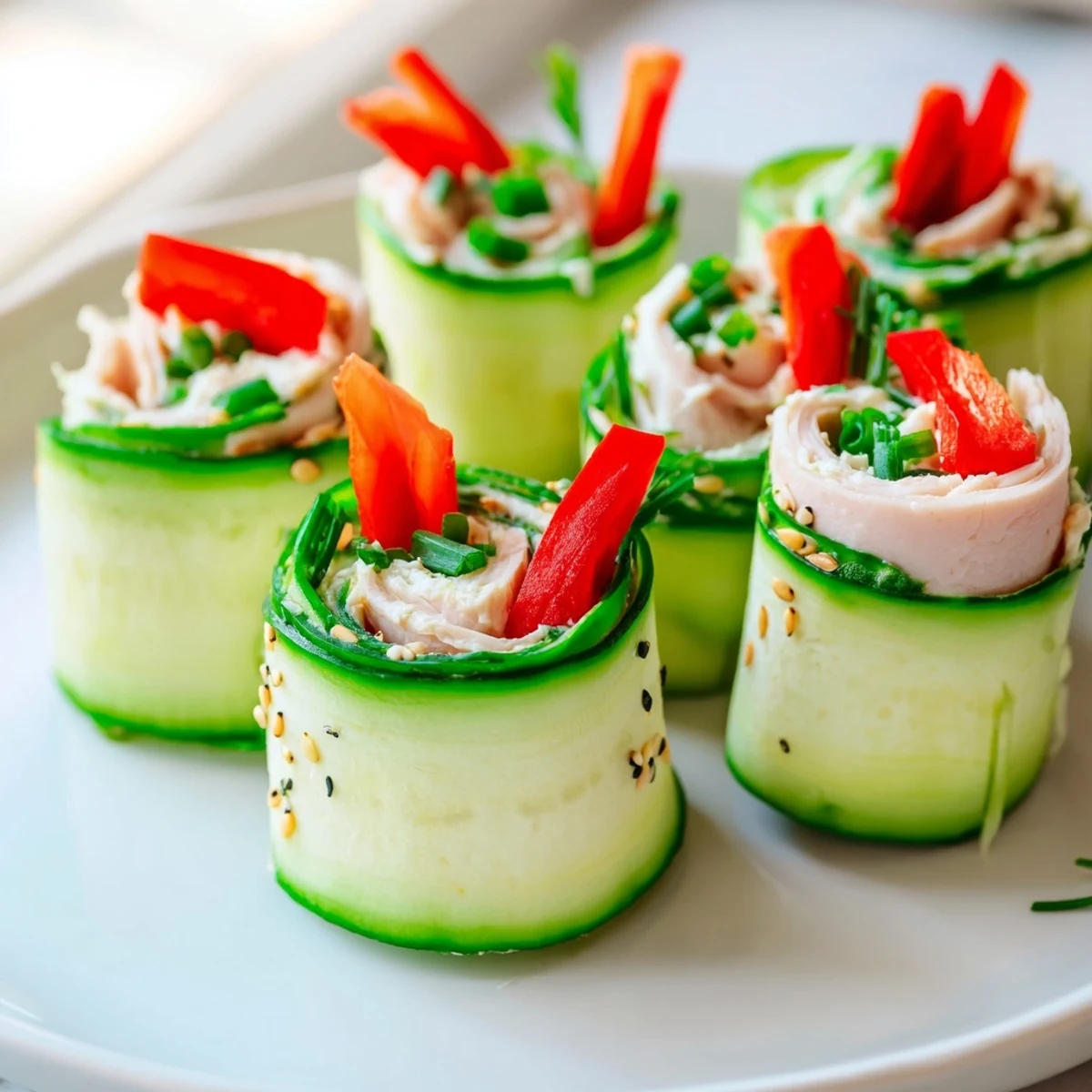 These low-carb cucumber roll-ups look inviting, with colorful fillings and spiral cucumber wraps.