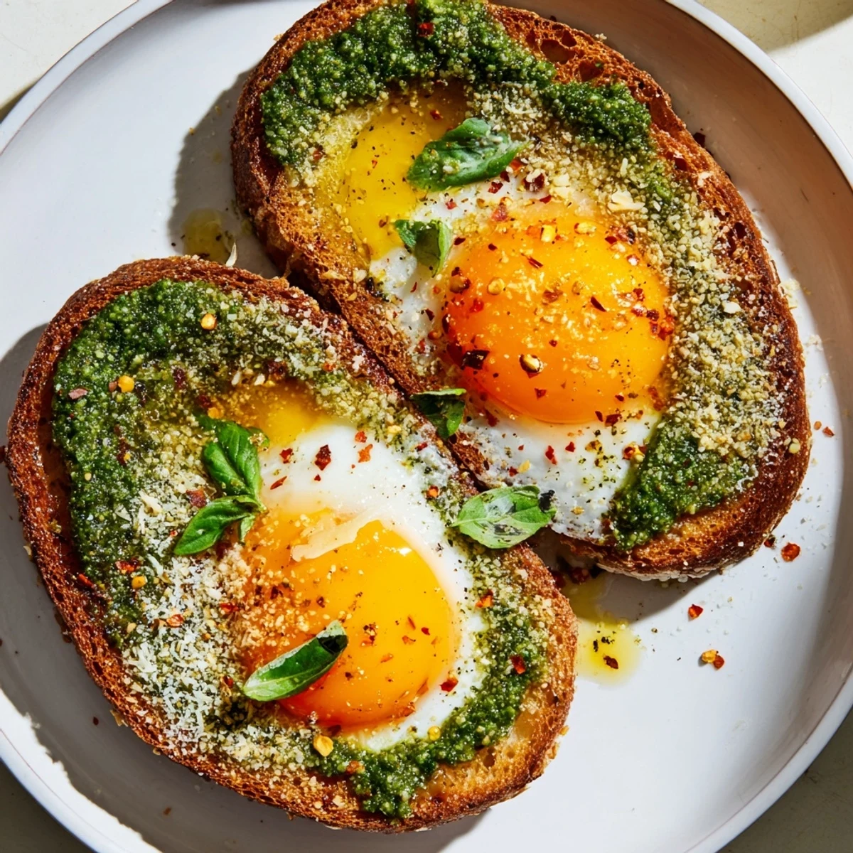 Pesto Egg Toast with vibrant green pesto and perfectly cooked jammy eggs, ready to eat!