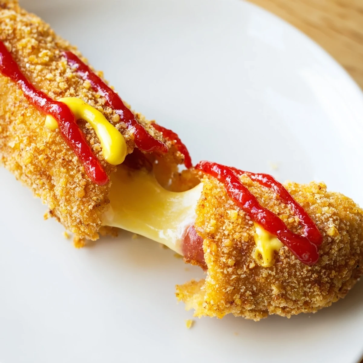 Golden-brown Cheesy Korean Corn Dogs, freshly fried and ready for a sweet sprinkle of sugar.