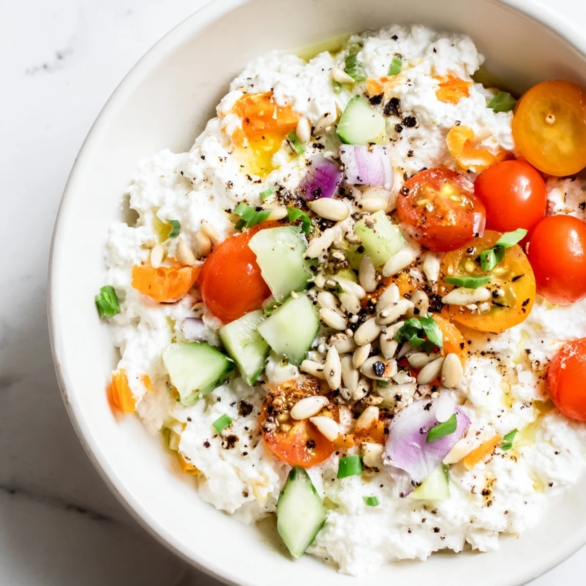 Vibrant cottage cheese snack bowl bursting with colorful tomatoes, cucumber, and a drizzle of olive oil.