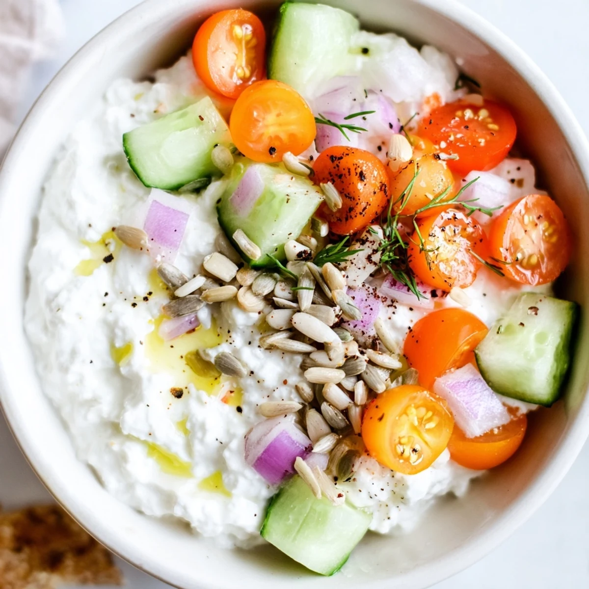 A savory cottage cheese snack bowl is ready to eat! Protein-packed with fresh ingredients and seasonings.