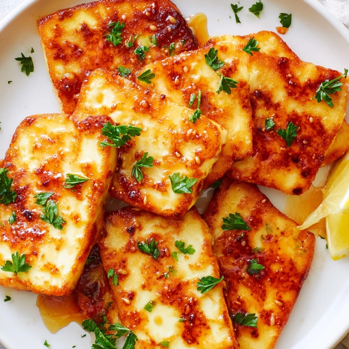 Golden-brown Hot Honey Halloumi, crispy fried cheese drizzled with a sweet and spicy glaze.