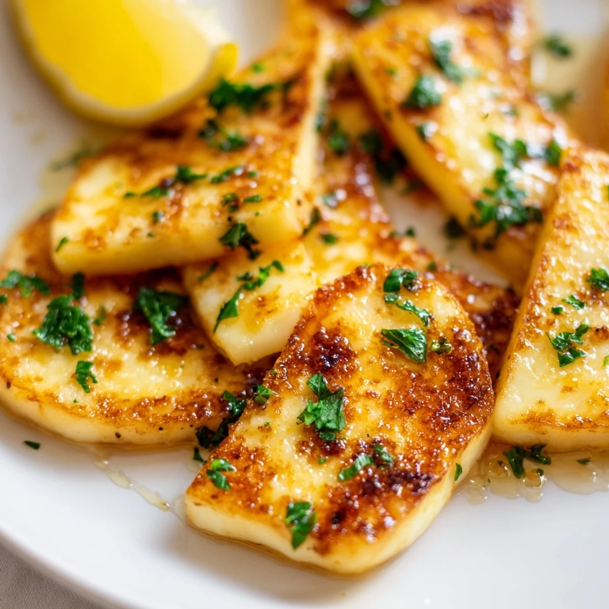 Close-up of glistening Hot Honey Halloumi, a vibrant appetizer ready to be eaten.