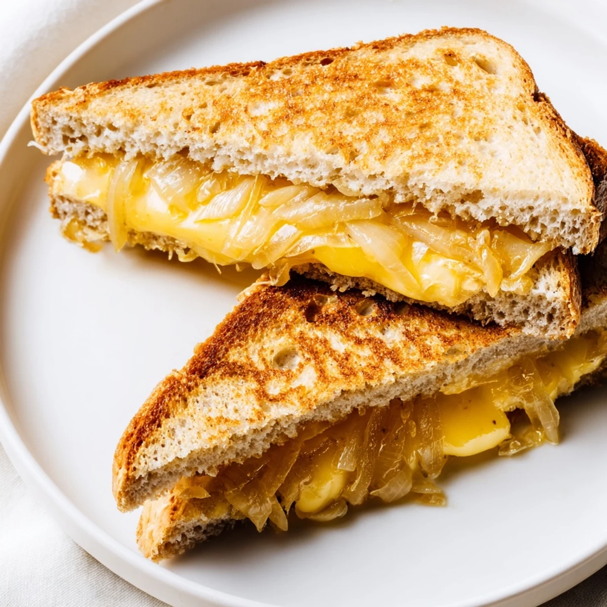 Golden, melted Gruyère and caramelized onions spilling from a Caramelized Onion and Gruyère Grilled Cheese.