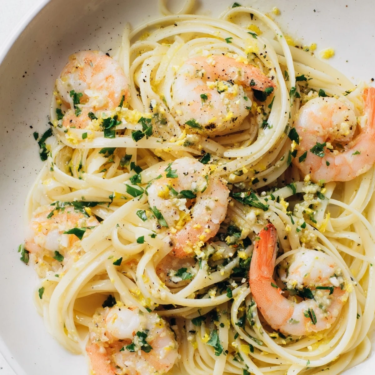 Close-up of golden shrimp and pasta in Lemon Herb Pasta, garnished with fresh herbs and lemon.