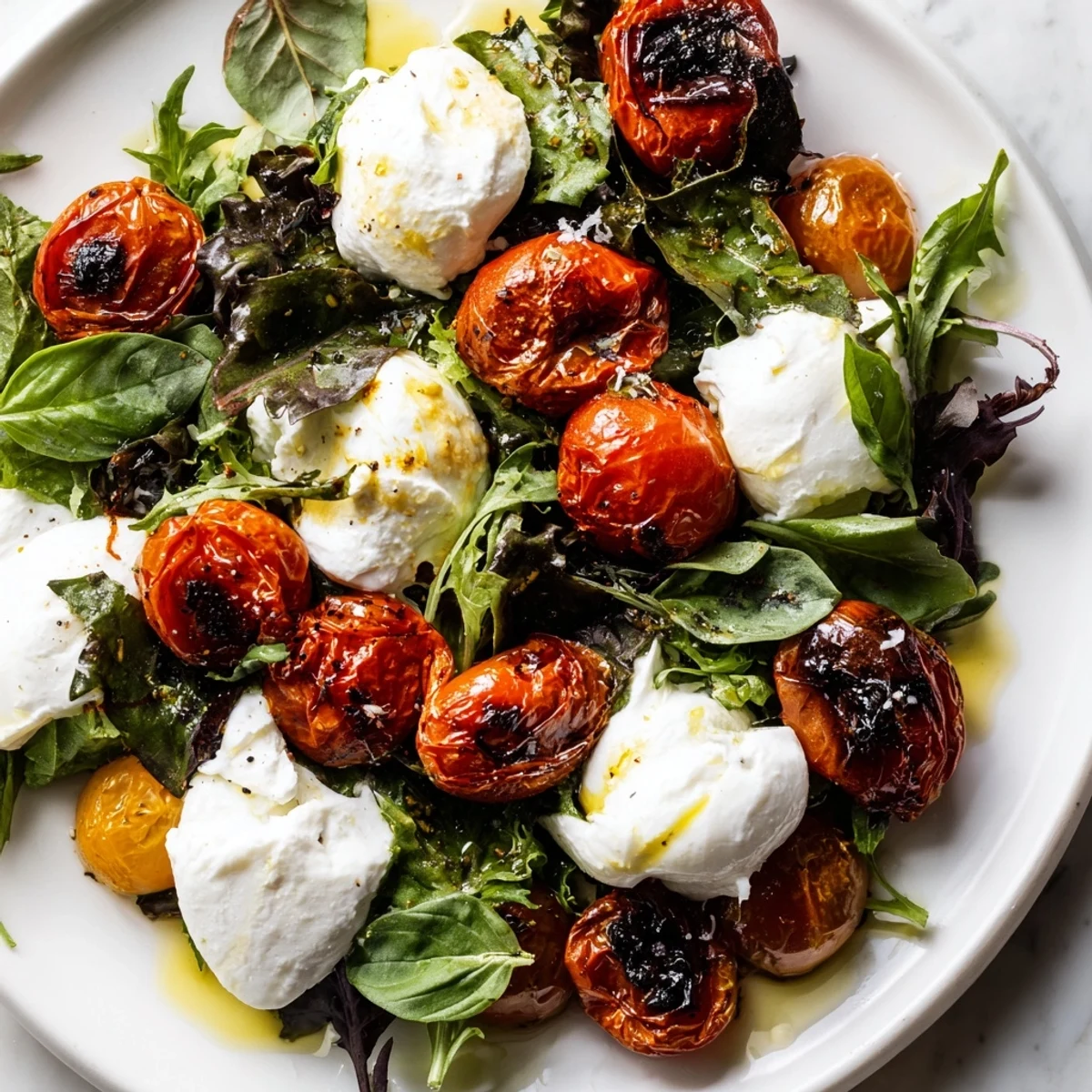 A glistening Charred Tomato Salad with Burrata, the tomatoes sit over baby greens, ready to savor.