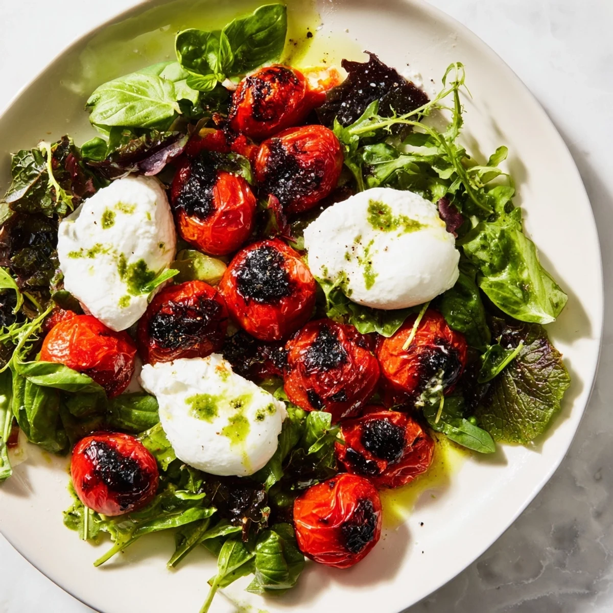 Close-up of a delicious Charred Tomato Salad with Burrata, drizzled with basil olive oil, simple perfection.