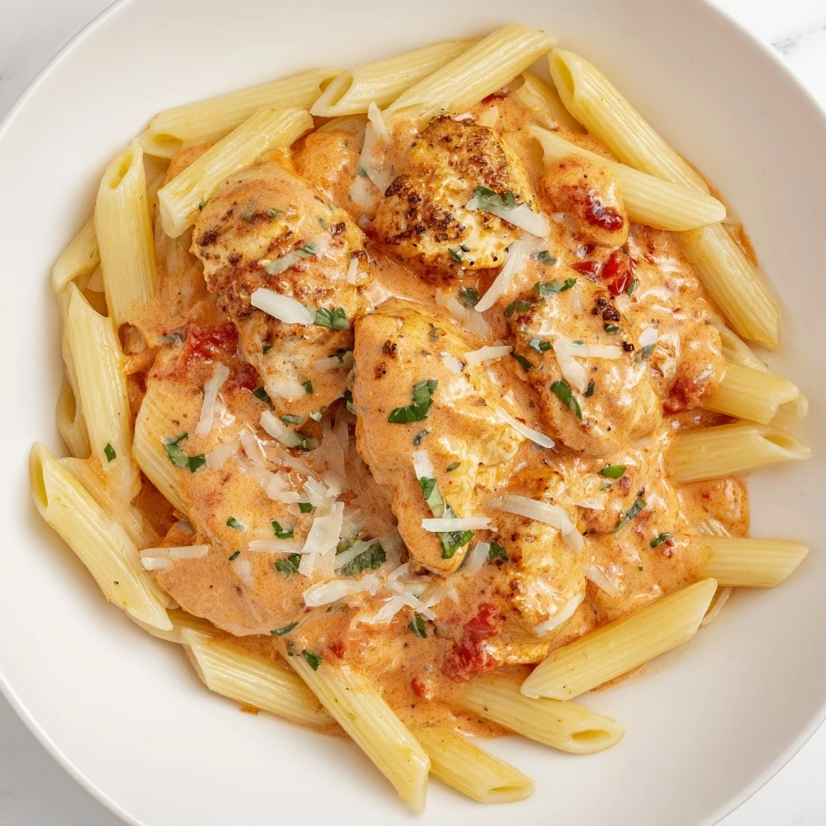 Creamy Tomato Basil Chicken Pasta in a bowl, a vibrant Italian-inspired comfort dish for dinner.