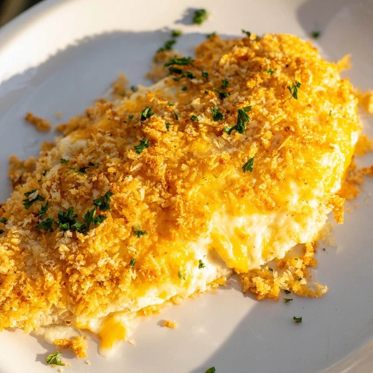 This close-up shows tender Cheesy Baked Chicken Breast, with bubbling cheese and golden breadcrumb crust.