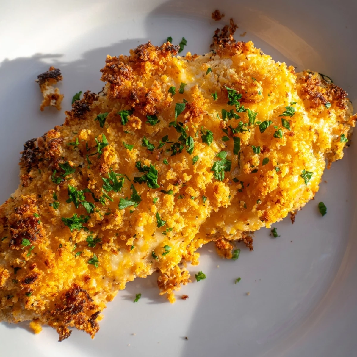 Delicious American comfort food: ready-to-eat Cheesy Baked Chicken Breast with melted cheese, served with fresh parsley.