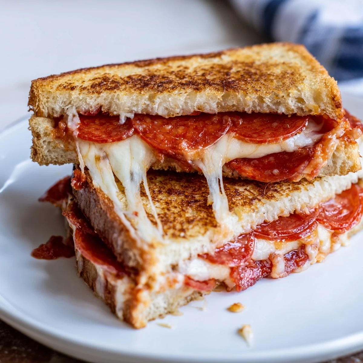 Golden, melted mozzarella and pepperoni cascade from a Pizza Grilled Cheese sandwich.