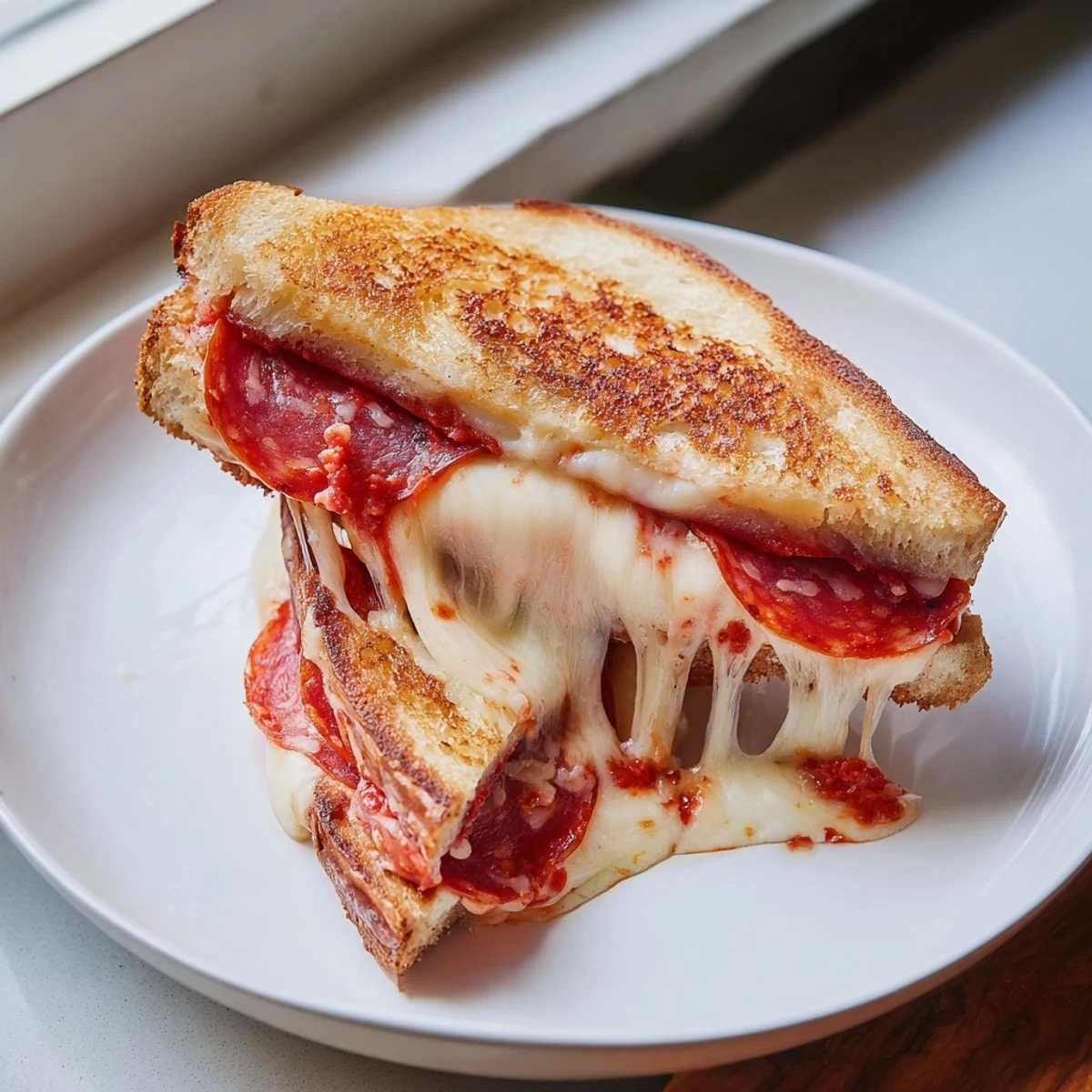 A close-up of a crispy, toasted Pizza Grilled Cheese, ready to be sliced and enjoyed.
