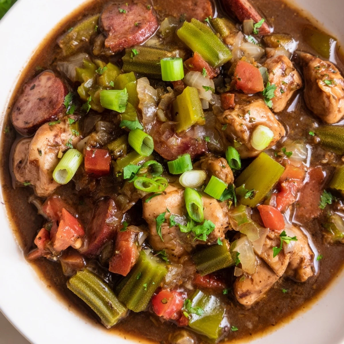 Steaming bowl of Gumbo Okra Soup with chicken, sausage, and okra, ready to serve over rice.