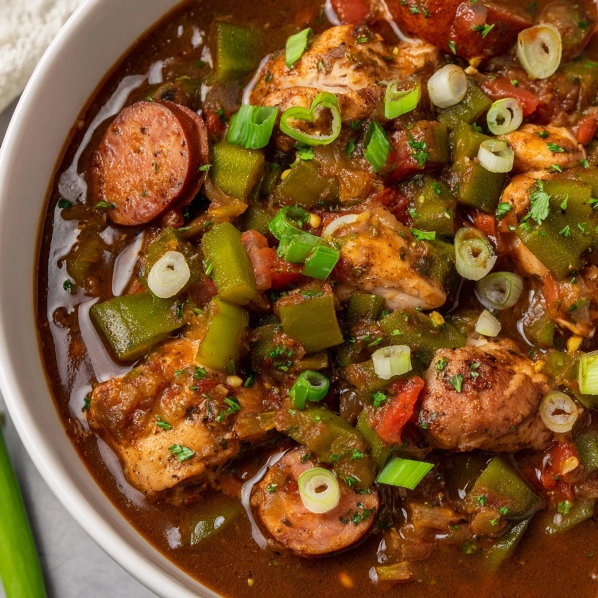 Generous serving of hearty Gumbo Okra Soup, garnished with green onions and parsley, simmering in a pot.