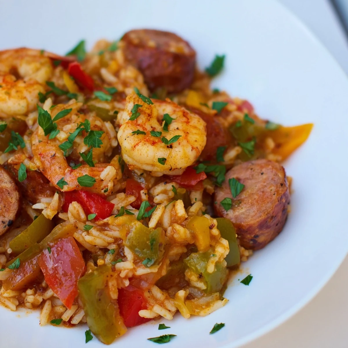 Generous serving of hearty Jambalaya skillet, garnished with fresh parsley, ready to enjoy.