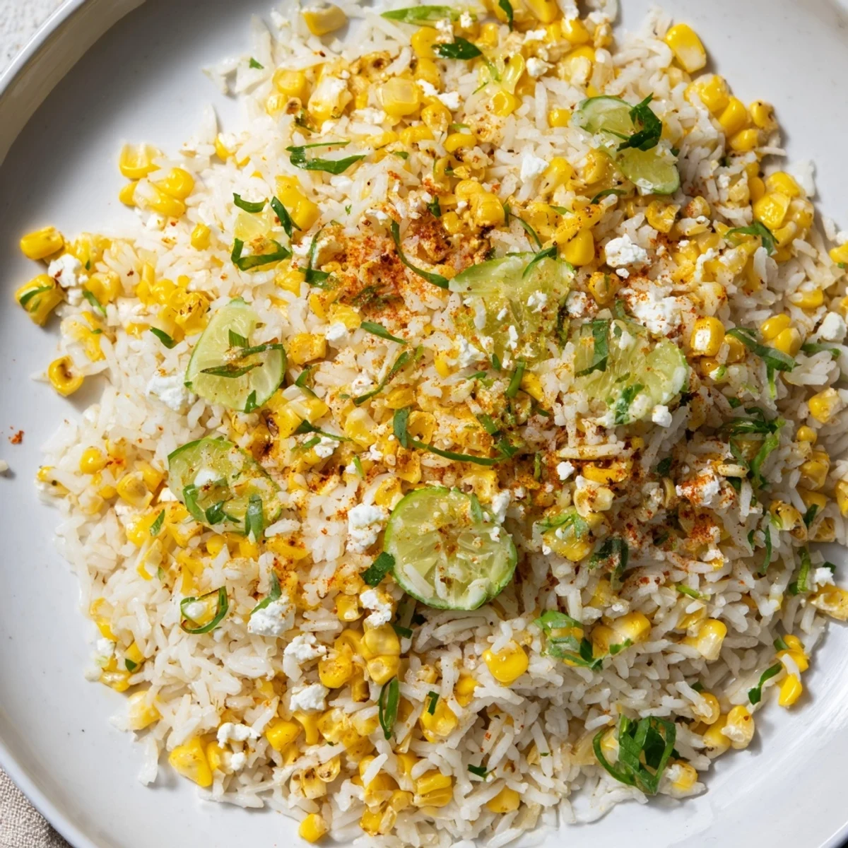 Fluffy Mexican Street Corn Rice, loaded with charred corn, creamy cheese, and fresh cilantro, looks delicious.