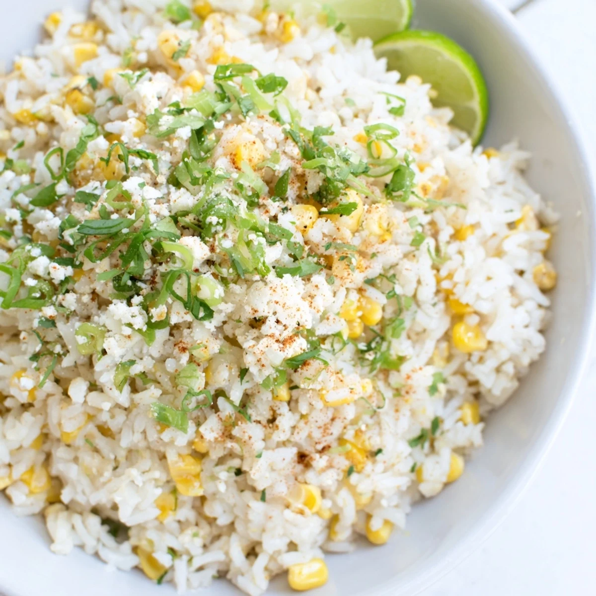 Close-up of creamy Mexican Street Corn Rice, a flavorful side dish perfect with tacos or grilled chicken.