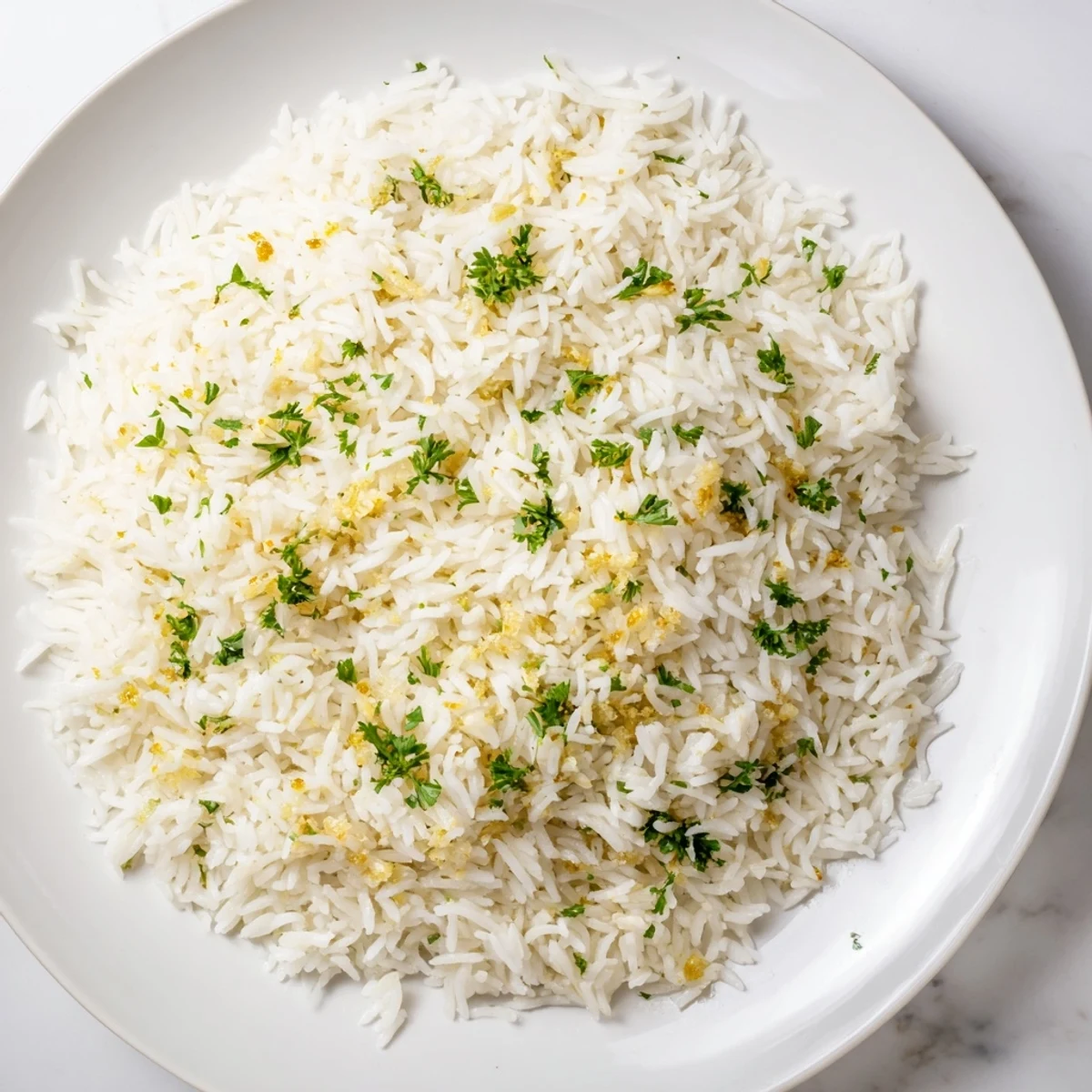 Aromatic garlic butter rice: fluffy grains glistening, ready to serve with grilled chicken or fish.