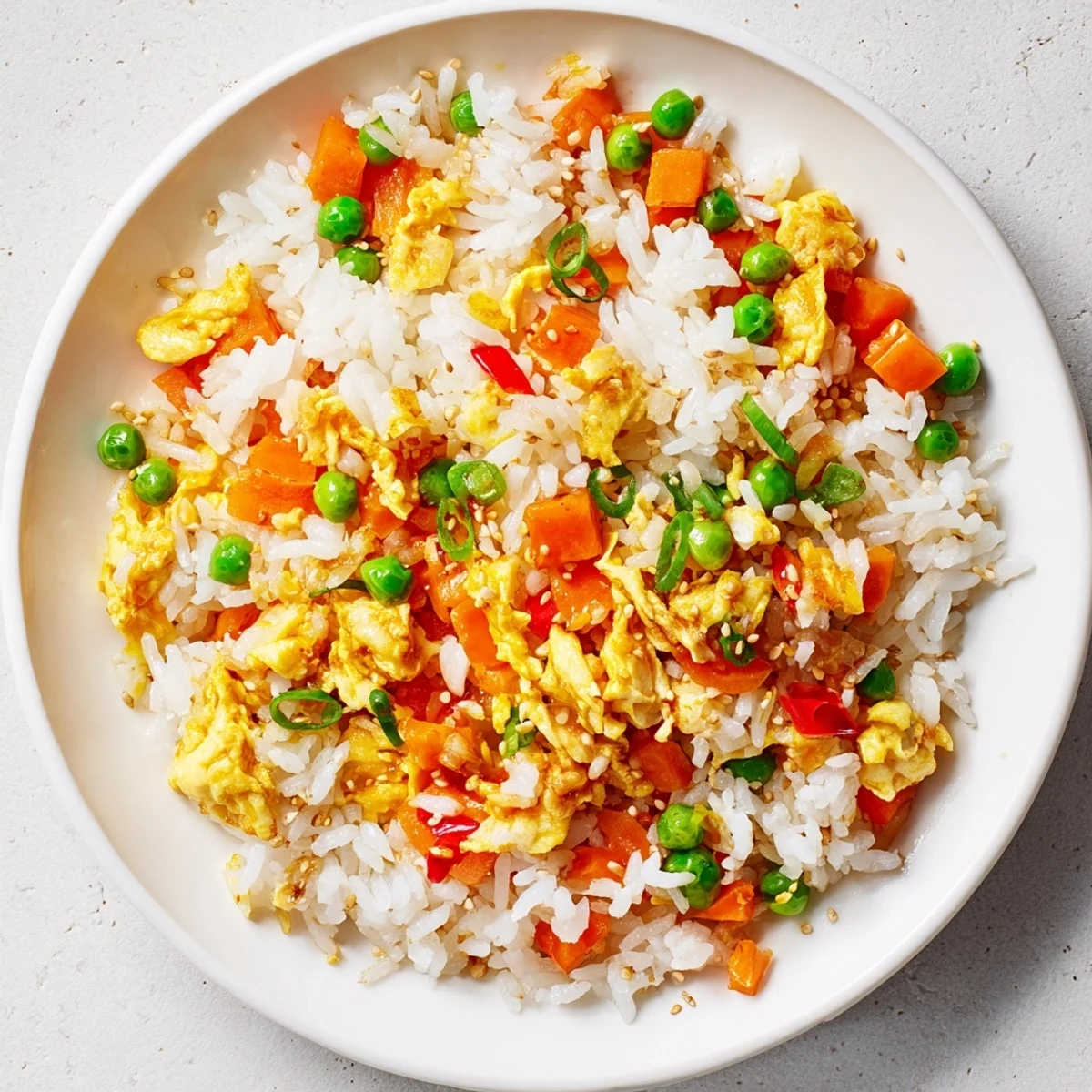 Golden, fluffy Egg Fried Rice with colorful vegetables, ready to be enjoyed.