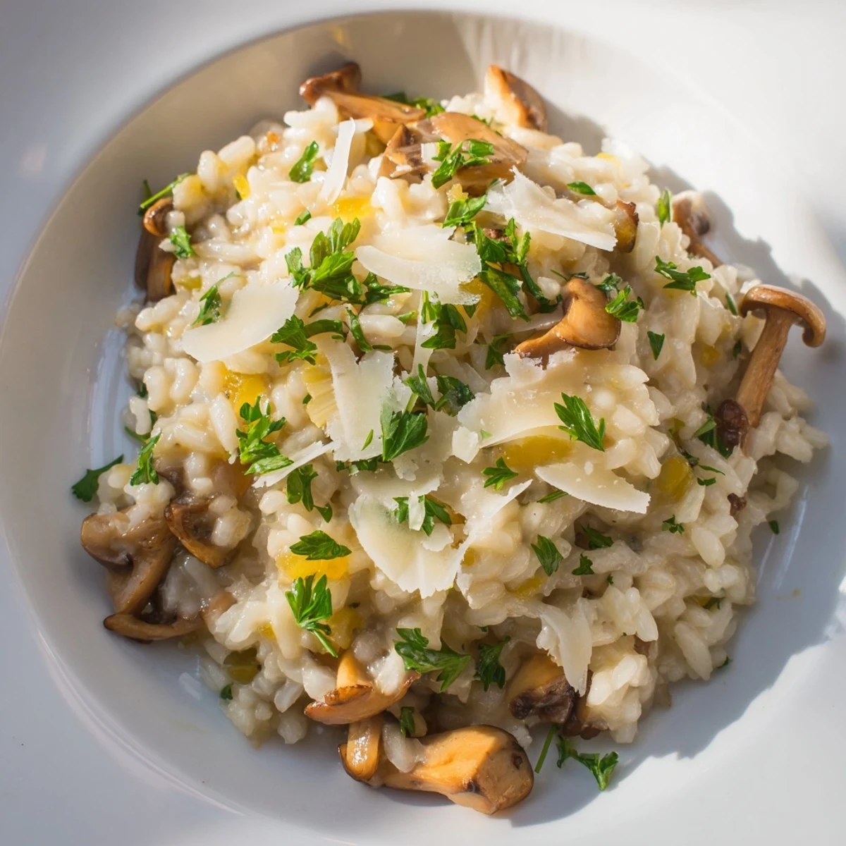 Steaming bowl of risotto with mushrooms, garnished with Parmesan; a creamy, Italian delight.