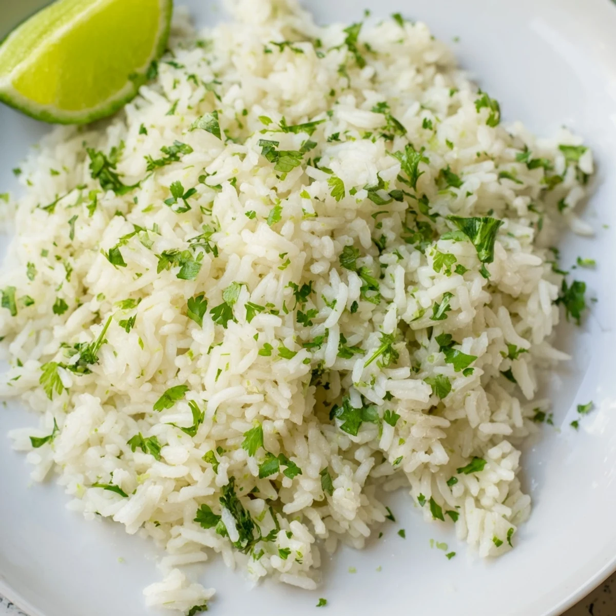 Steaming bowl of cilantro lime rice, with lime wedges; a perfect Mexican side.