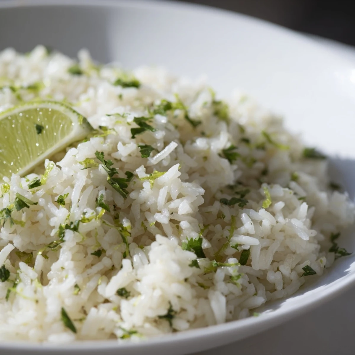 Close-up of freshly made cilantro lime rice, with visible cilantro and lime zest.