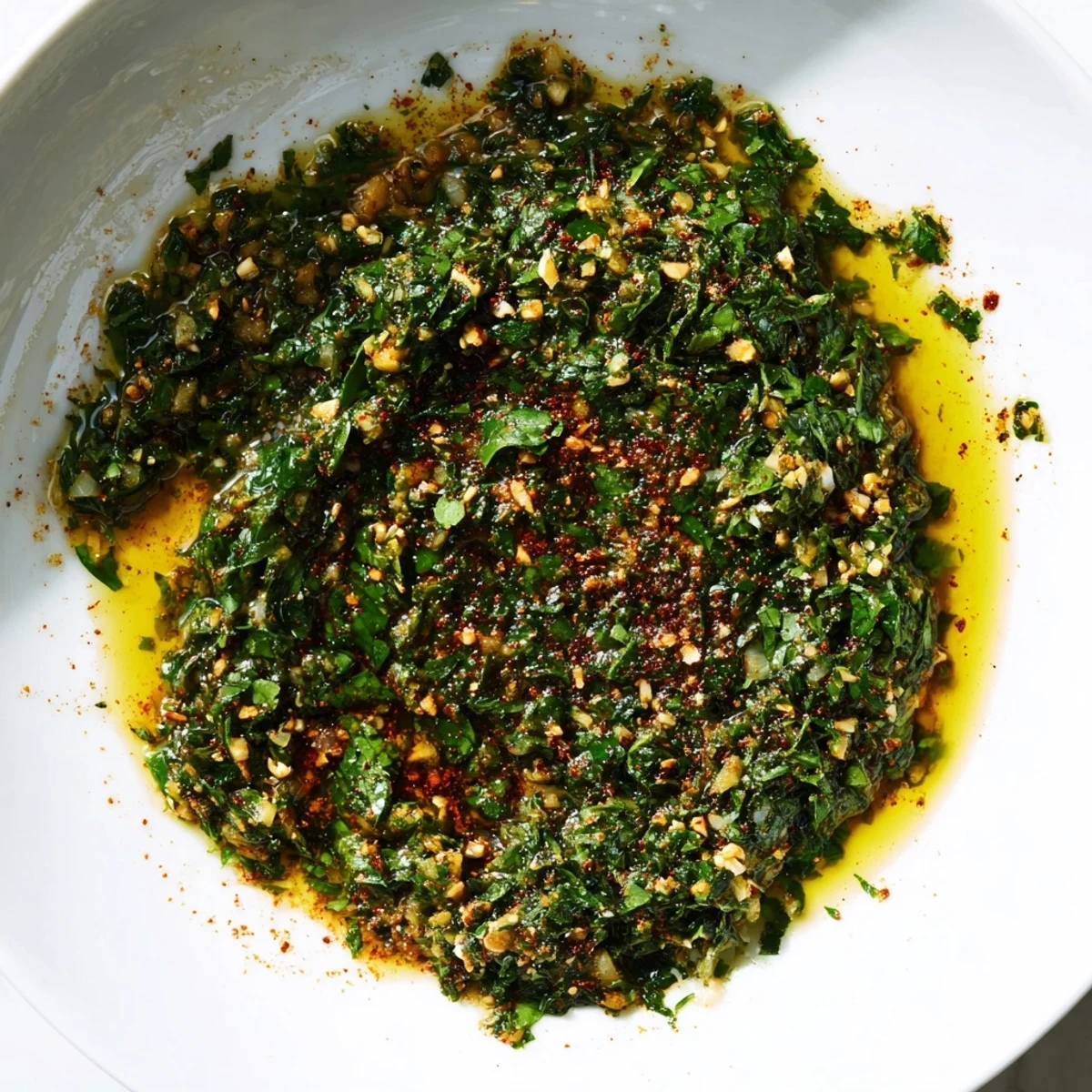 A close-up of the fragrant Moroccan Chermoula Marinade glistening with olive oil and spices for delicious fish.