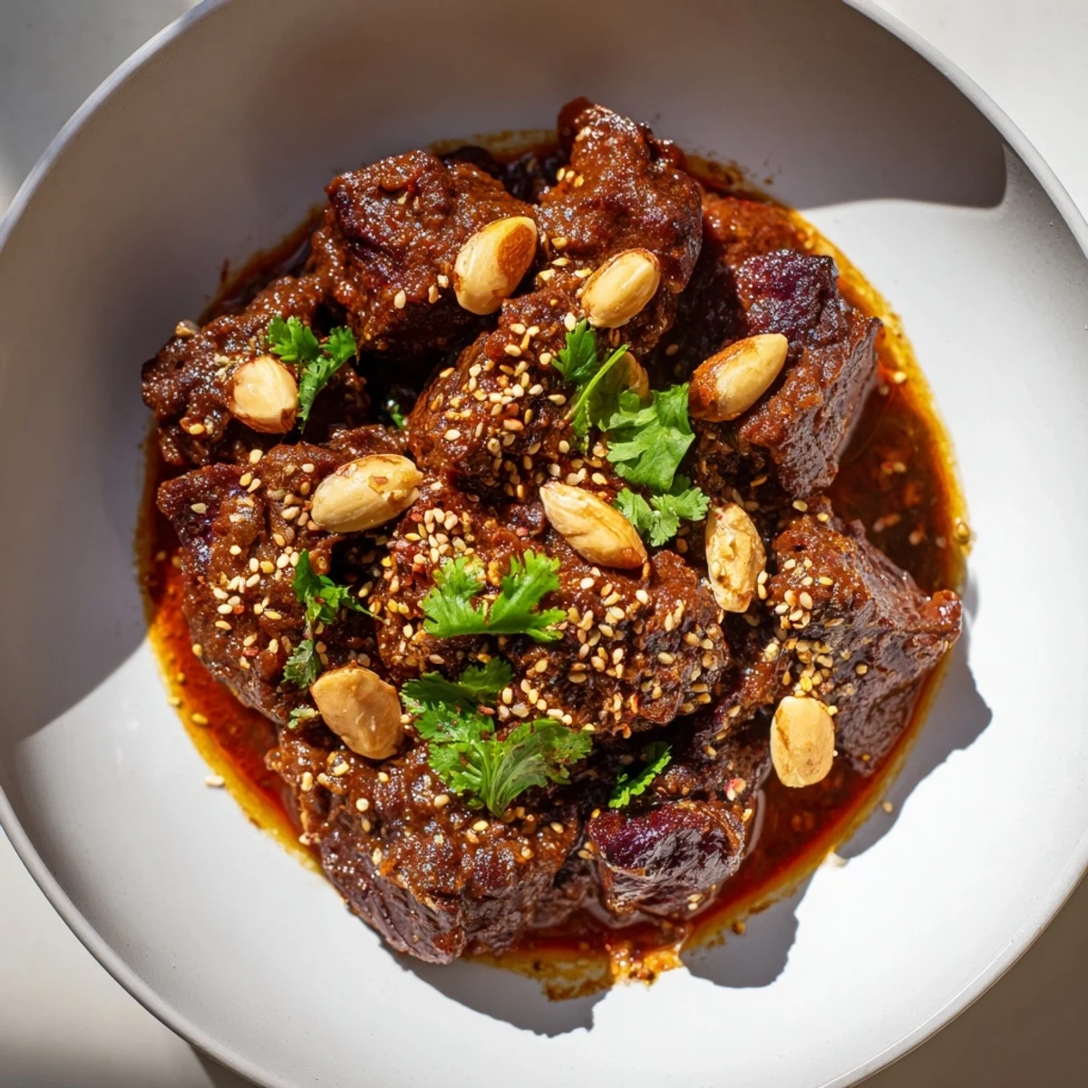 A flavorful Moroccan lamb tagine with prunes and almonds, simmering in a rich, spiced sauce.