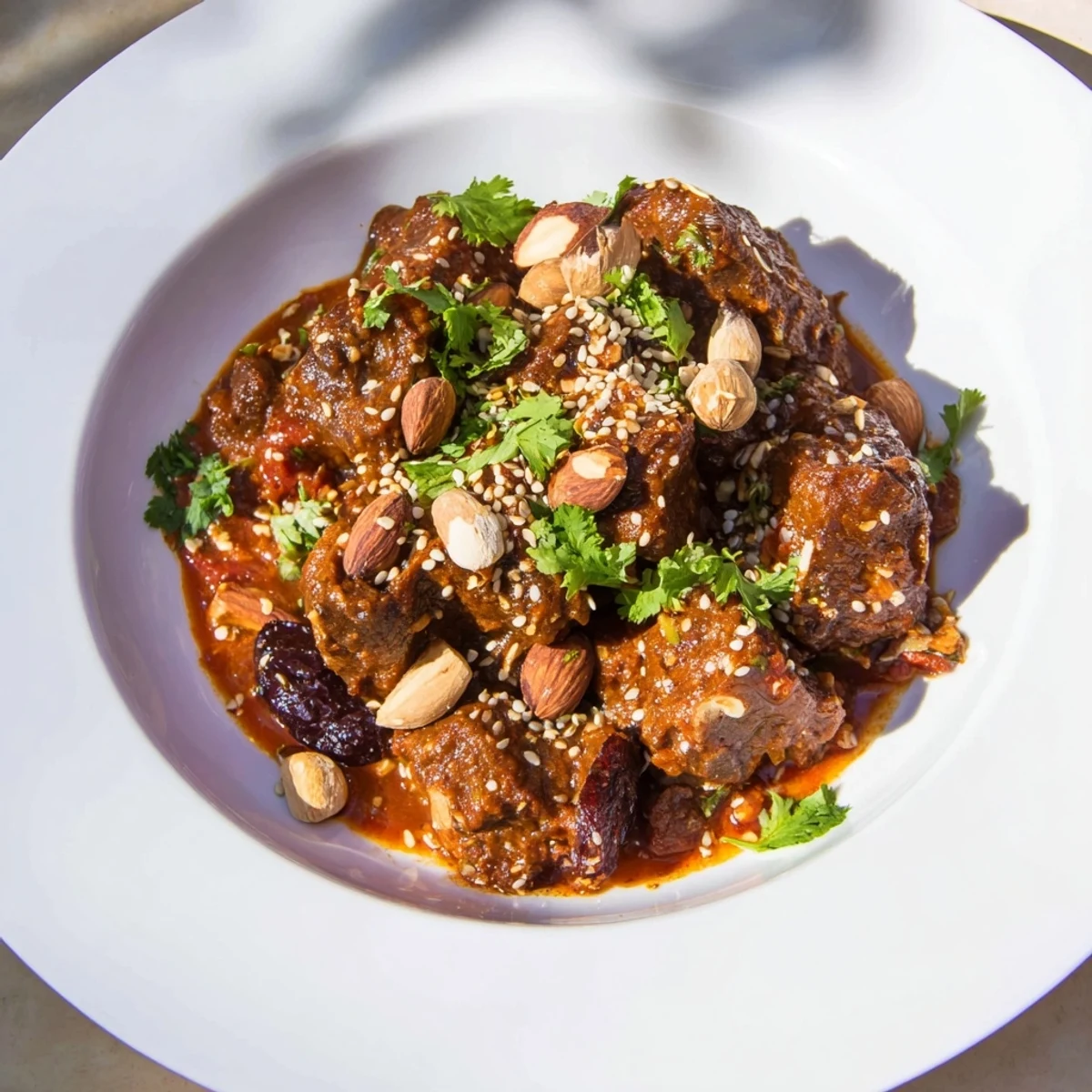 Tender lamb shoulder, sweet prunes, and toasted almonds star in this hearty Moroccan tagine.
