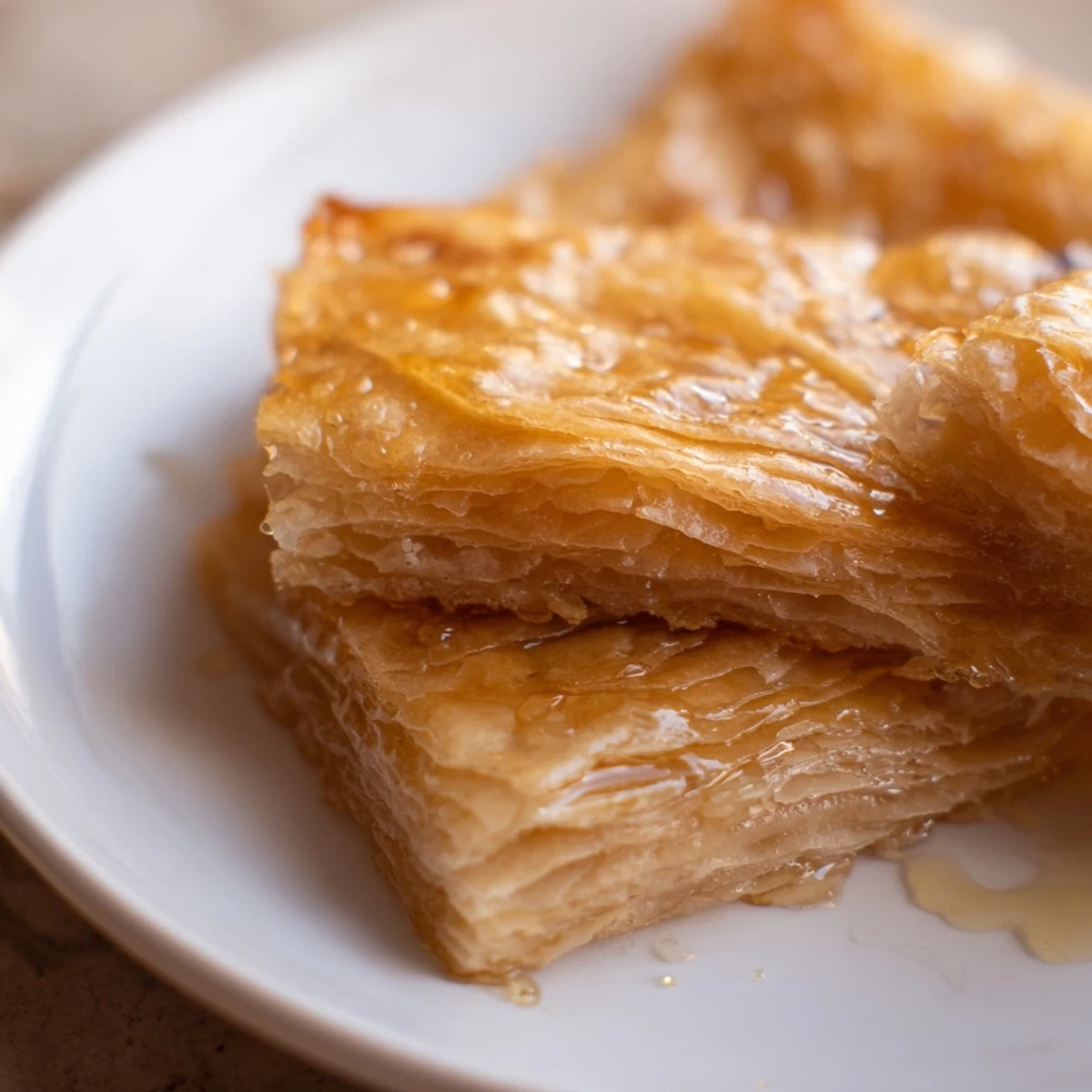 Golden-brown Moroccan Msemen pastry, flaky and crisp, ready to be drizzled with warm honey.