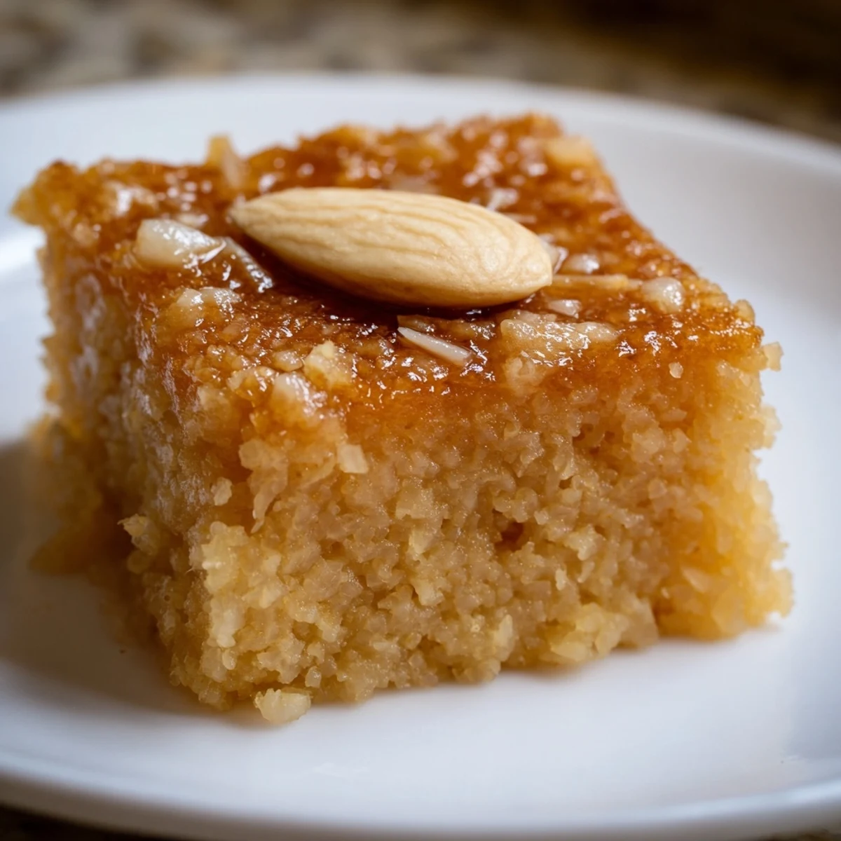 Golden-brown Egyptian Basbousa cake, drizzled with syrup, is a delightful dessert topped with almonds.