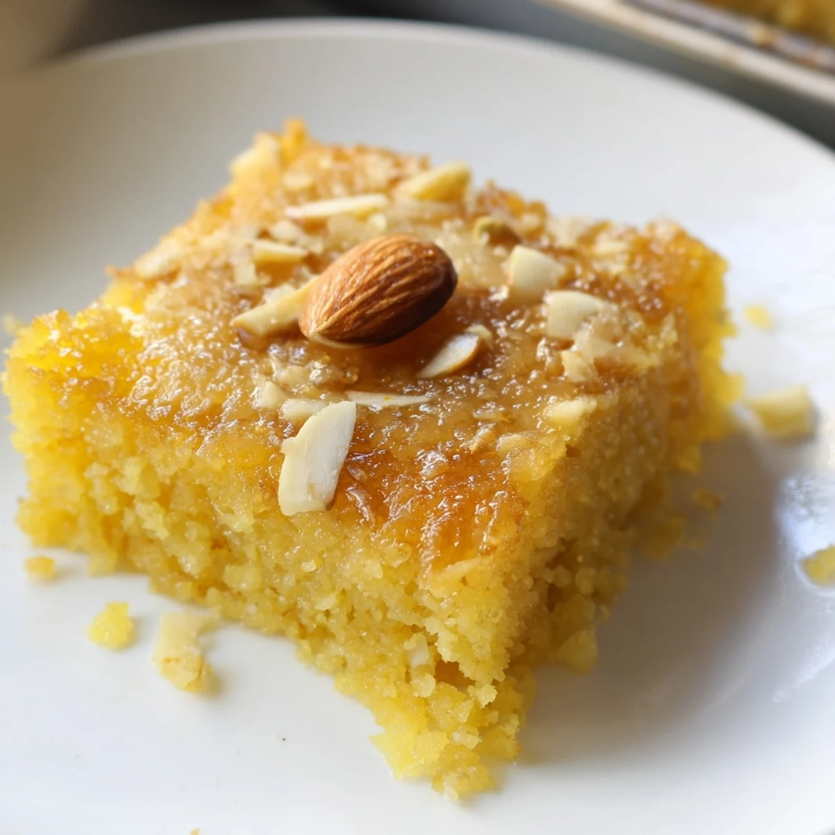 A warm, moist slice of Egyptian Basbousa, loaded with coconut and soaked in sweet syrup.