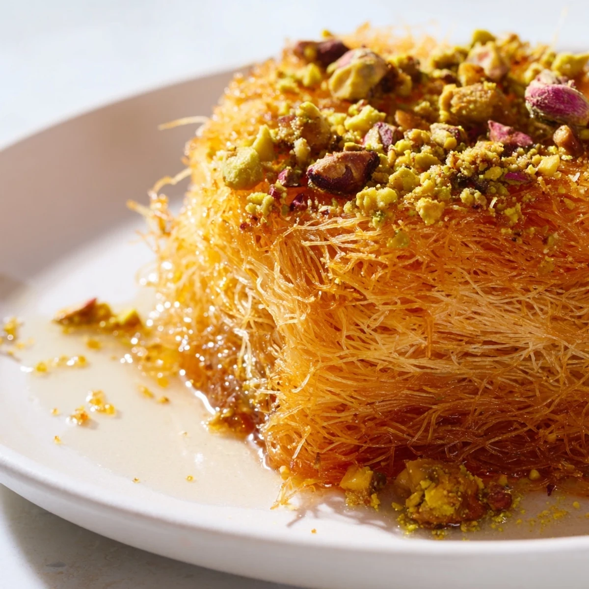 Golden-brown layers of Egyptian Konafa dessert, glistening with honey syrup, ready to be enjoyed.