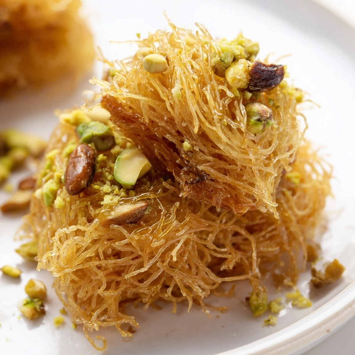 A close-up shot of homemade Egyptian Konafa, showcasing the crispy pastry and sweet nut filling.