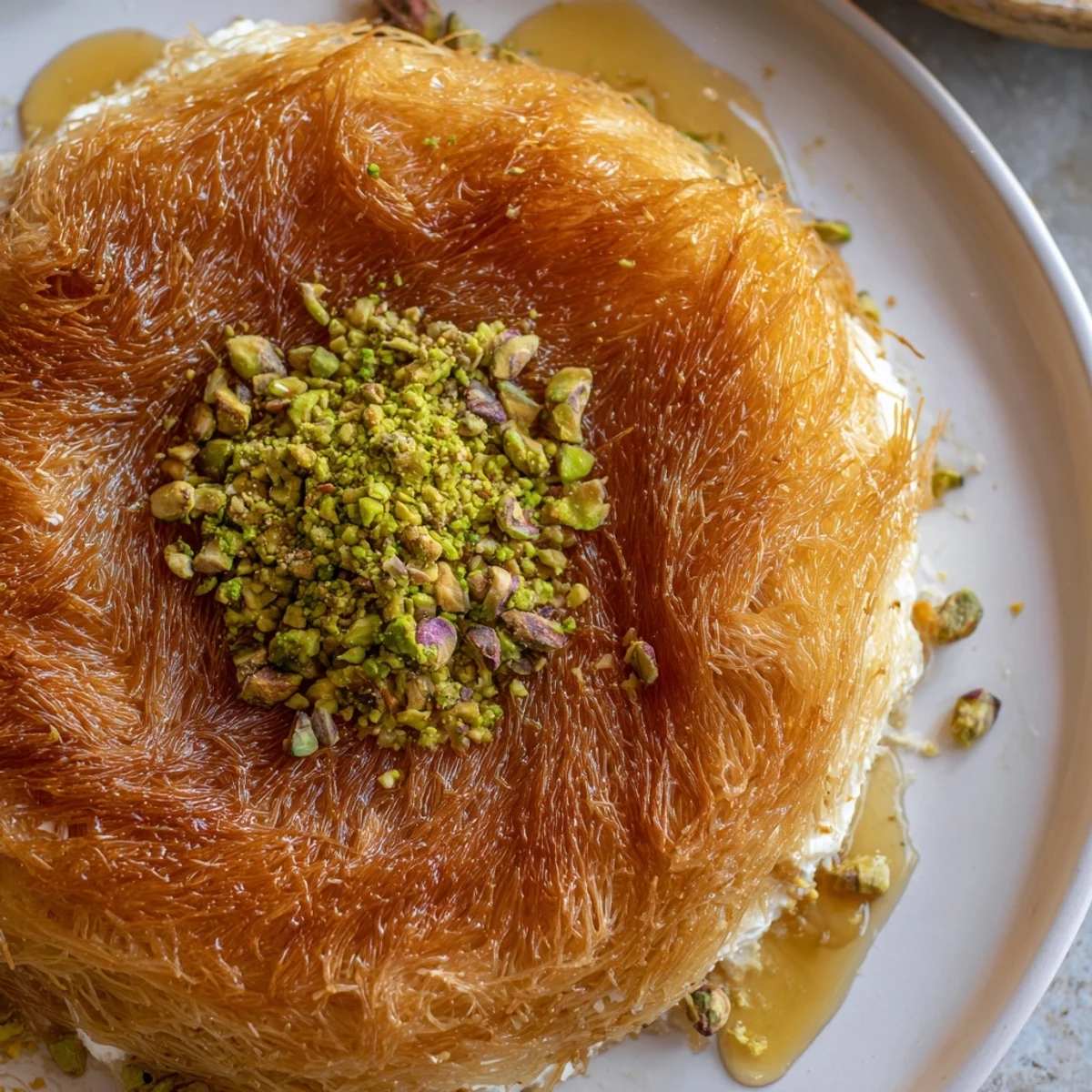 Golden-brown Lebanese Knafeh cheese dessert drizzled with sweet syrup and topped with pistachios.
