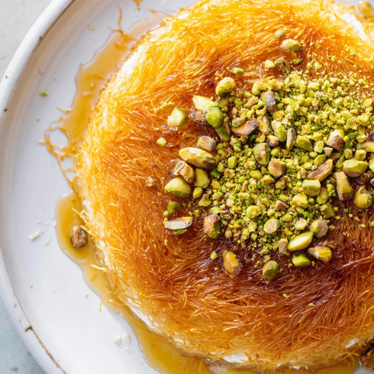 A warm, delicious photo of Lebanese Knafeh cheese with a melted cheese interior and crumbly phyllo crust.