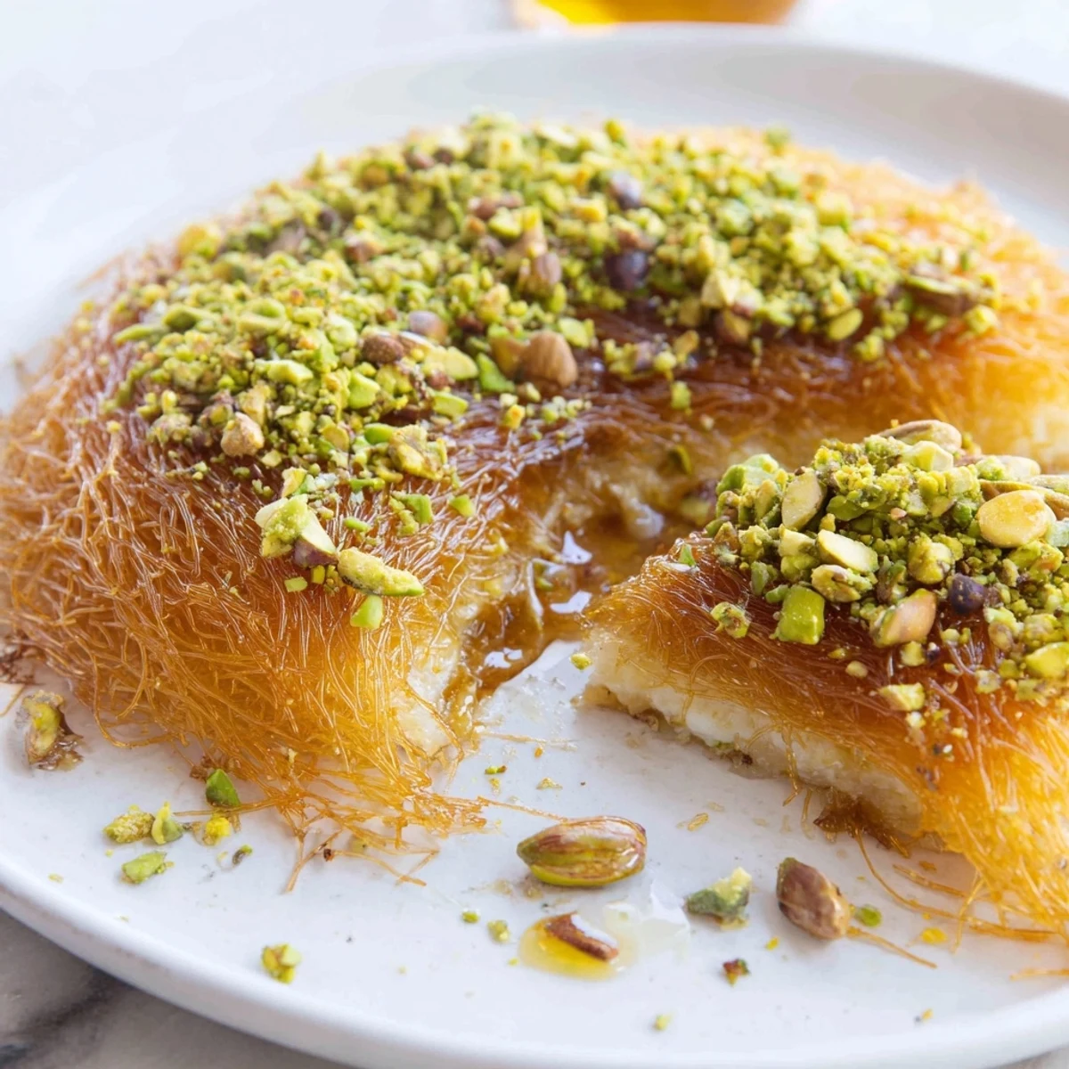 Close-up of a crispy, sweet Lebanese Knafeh, perfect dessert treat with a flaky, buttery texture.