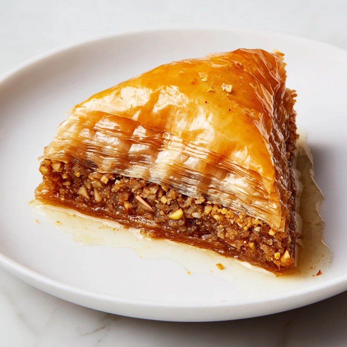 Close-up of freshly baked Turkish baklava, showcasing layers of phyllo pastry and a rich nut filling.
