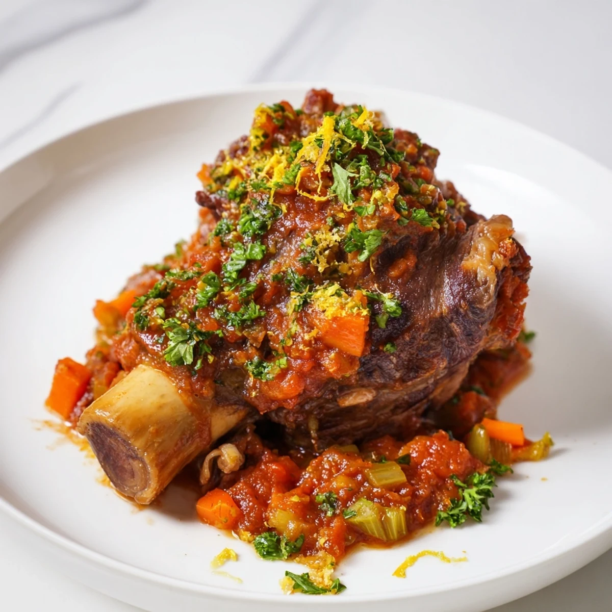 Slow-cooked Osso Buco: Savory veal shanks are bathed in a rich tomato sauce, ready to be enjoyed.